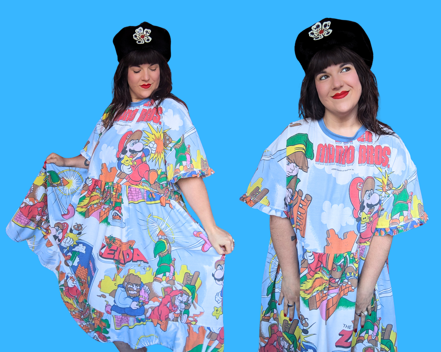 Handmade, Upcycled Nintendo 1988 Super Mario Bros and Zelda Bedsheet T-Shirt Dress Fits 2XL