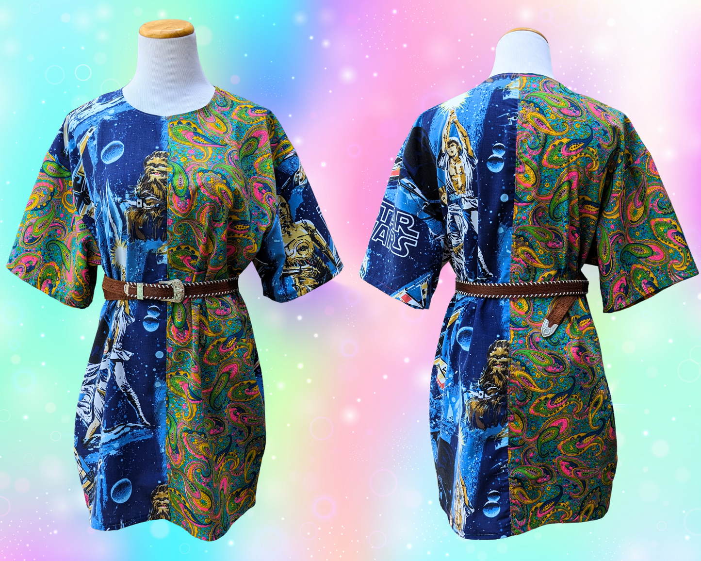 Handmade, Upcycled Star Ward Bedsheet + Groovy 1960's Fabric T-Shirt Dress Fits S-M