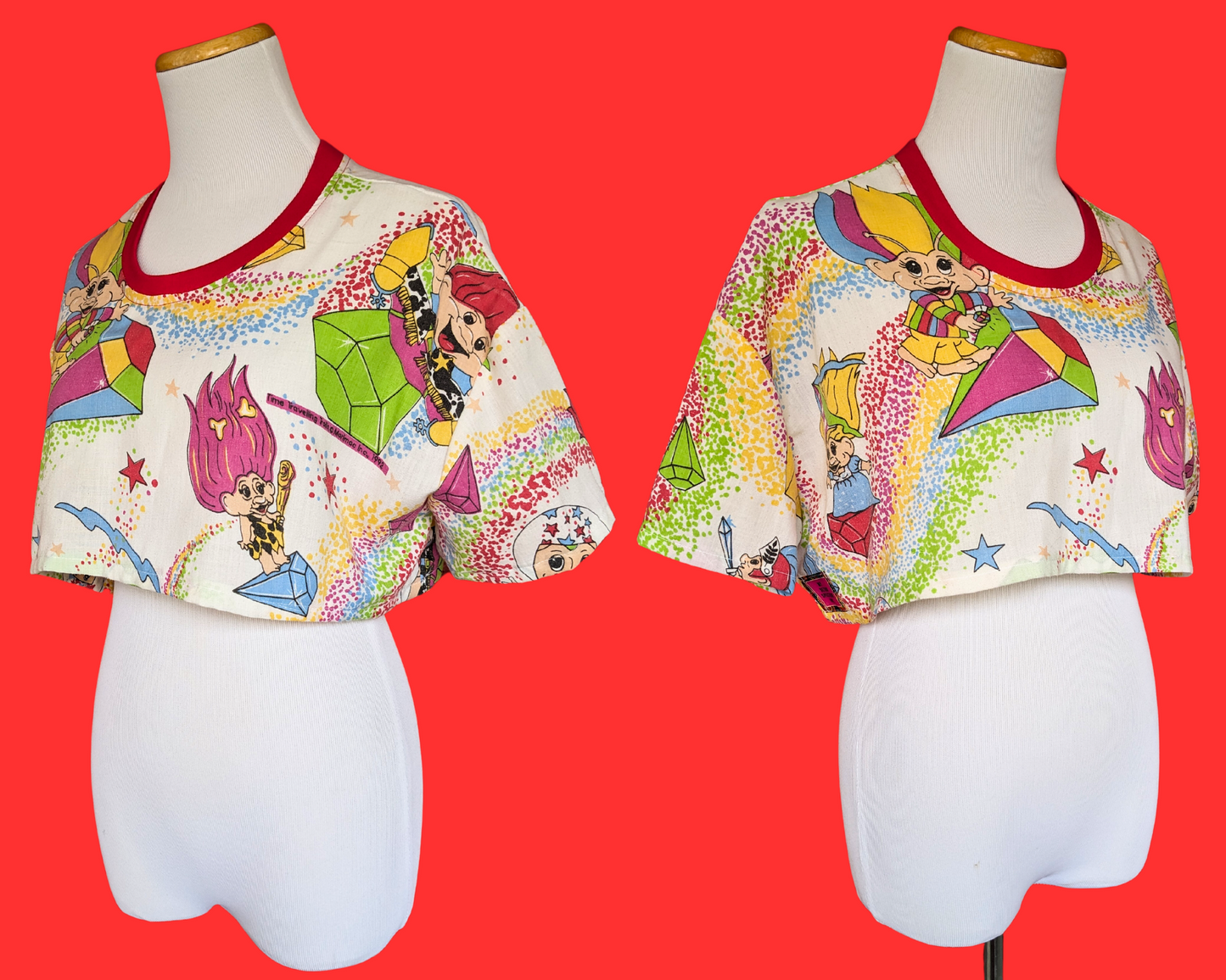 Handmade, Upcycled Time Traveling Trolls Bedsheet Crop Top Size XS