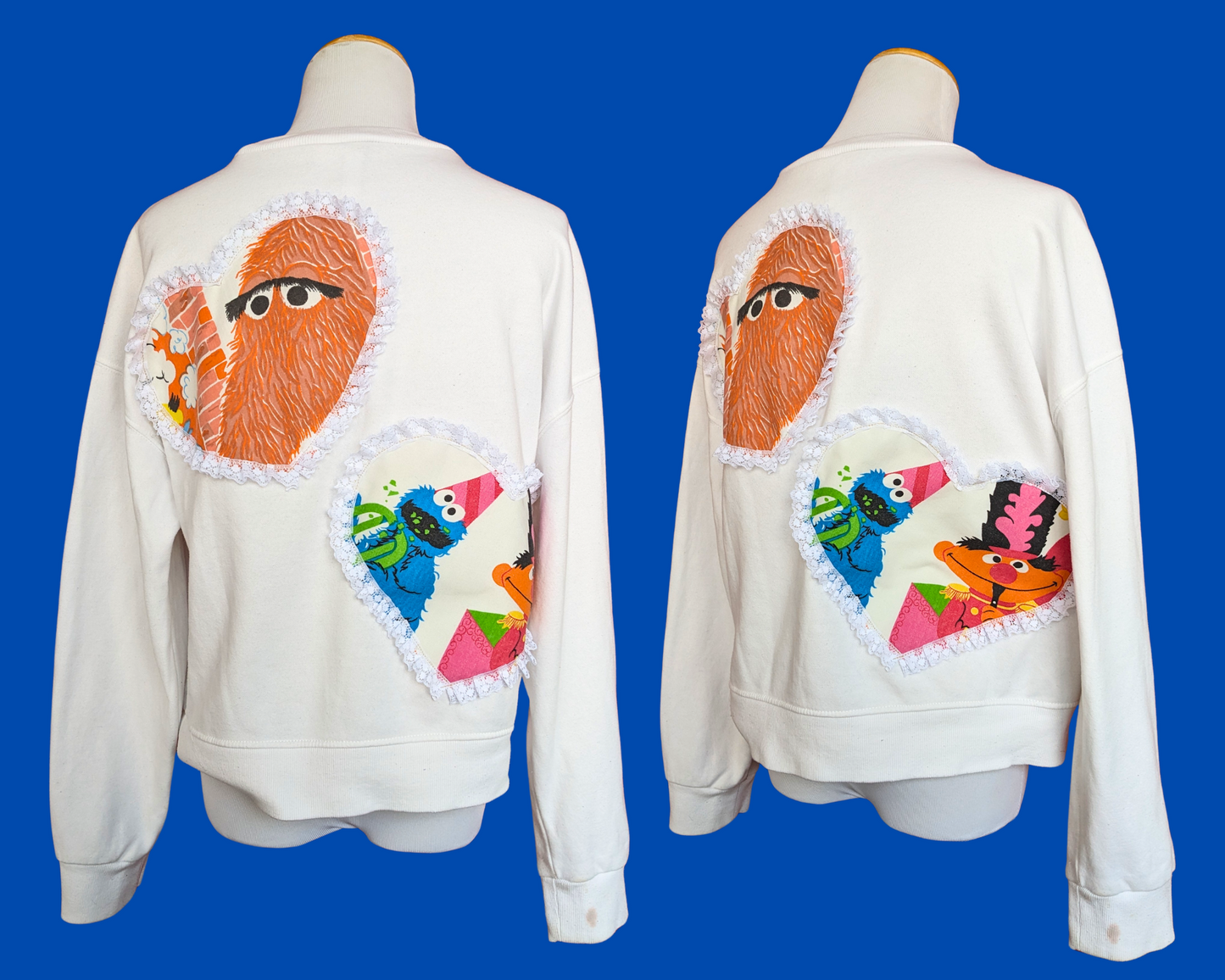 Handmade, Upcycled White Crew Neck Patched Up with Bedsheets Scraps of Sesame Street Size S-M