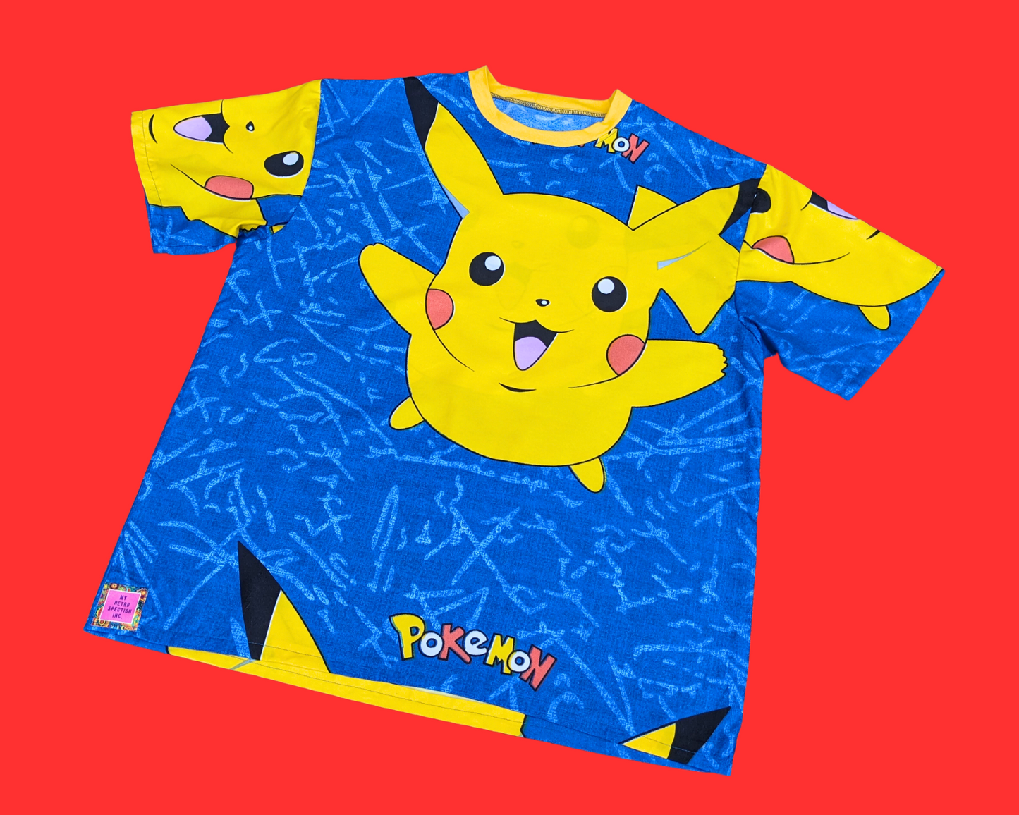 Handmade, Upcycled  Blue Pokemon, Pikachu Bedsheet T-Shirt Oversized XS - Fits Like A Size M