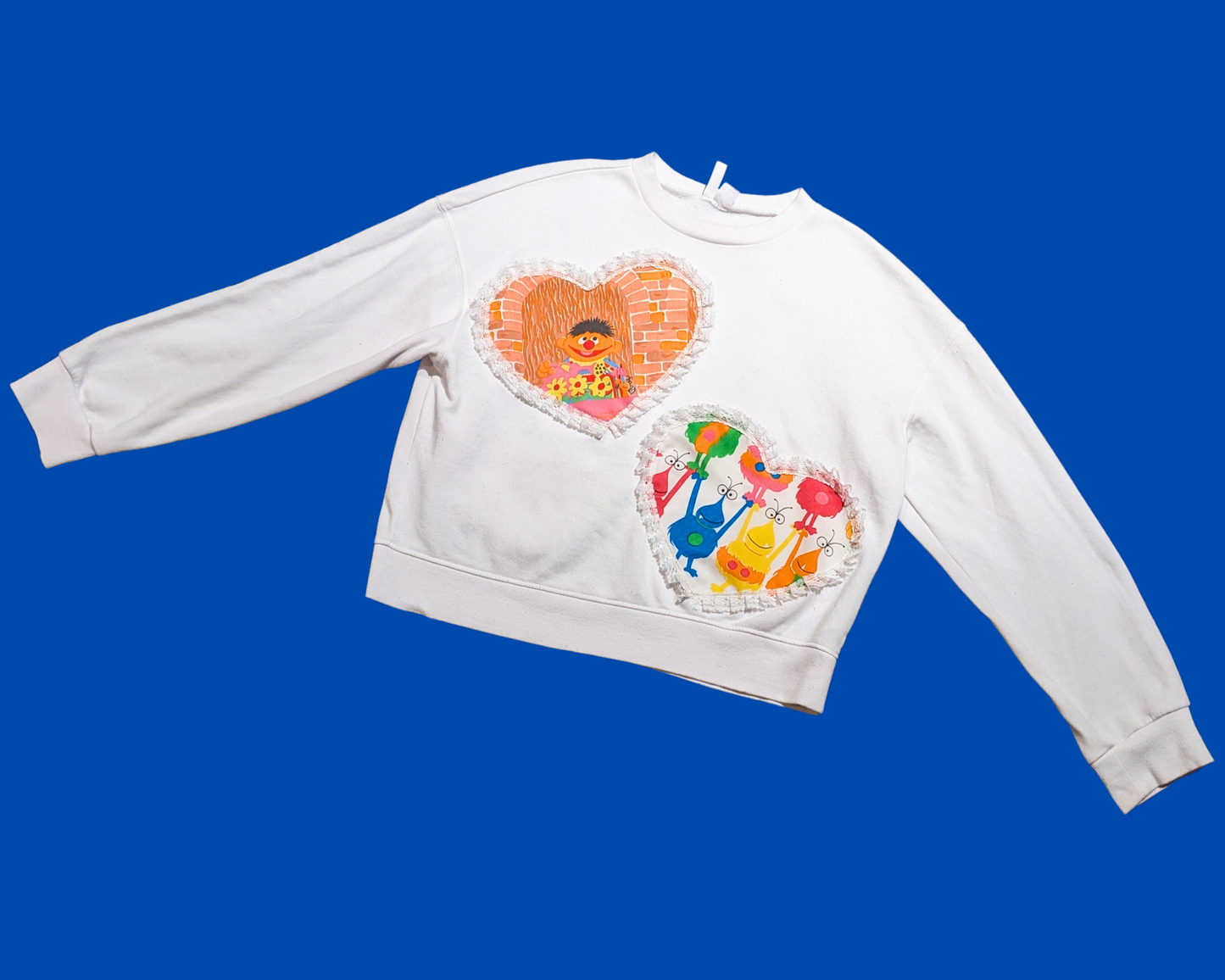 Handmade, Upcycled White Crew Neck Patched Up with Bedsheets Scraps of Sesame Street Size S-M