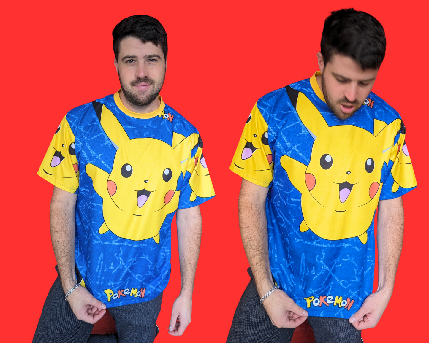 Handmade, Upcycled  Blue Pokemon, Pikachu Bedsheet T-Shirt Oversized XS - Fits Like A Size M