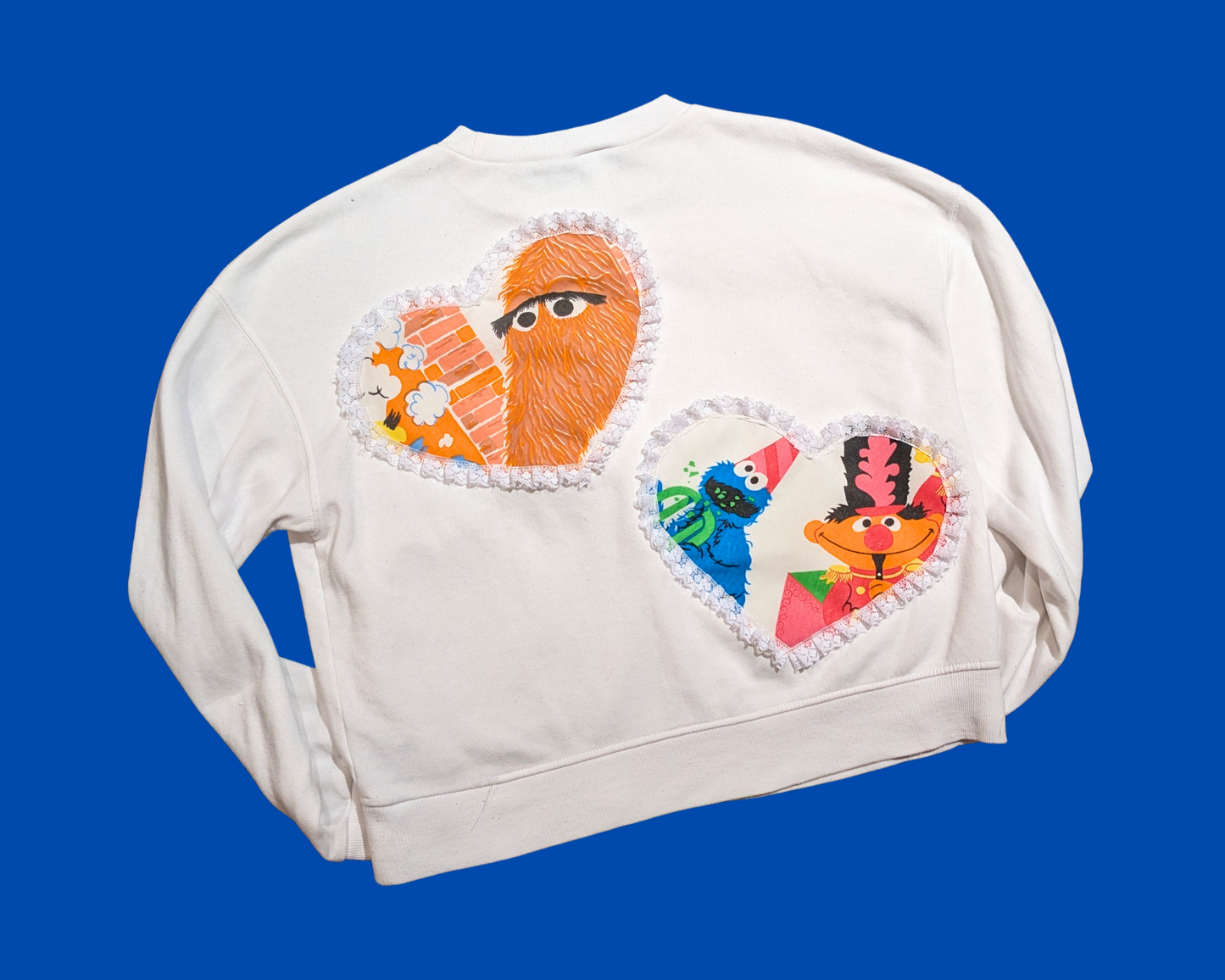 Handmade, Upcycled White Crew Neck Patched Up with Bedsheets Scraps of Sesame Street Size S-M