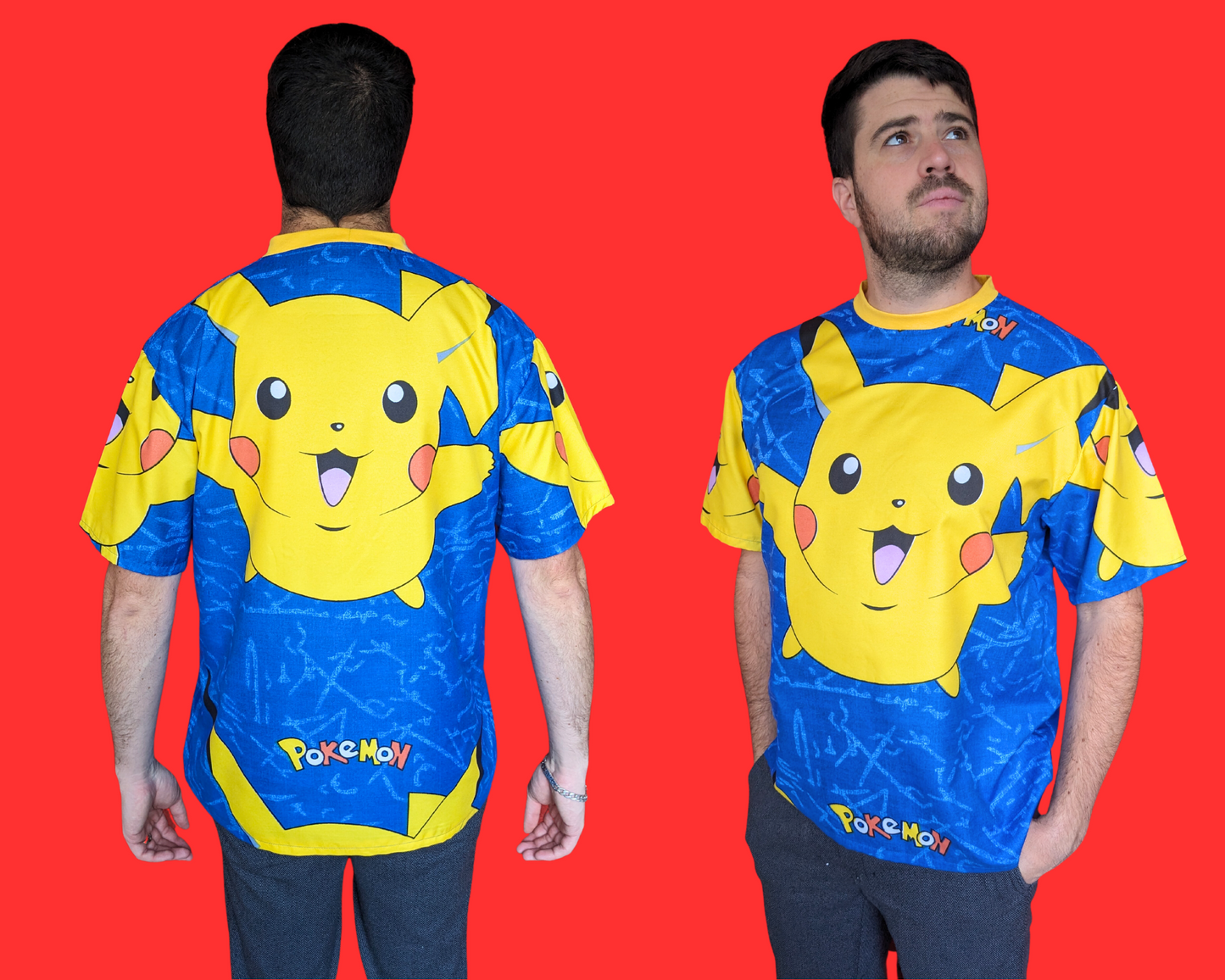 Handmade, Upcycled  Blue Pokemon, Pikachu Bedsheet T-Shirt Oversized XS - Fits Like A Size M