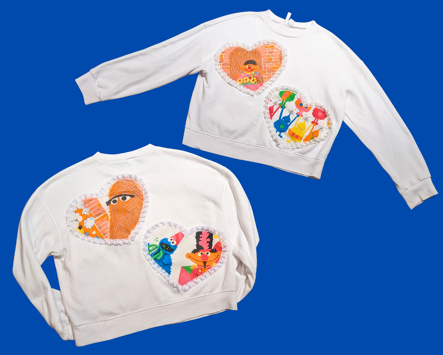 Handmade, Upcycled White Crew Neck Patched Up with Bedsheets Scraps of Sesame Street Size S-M