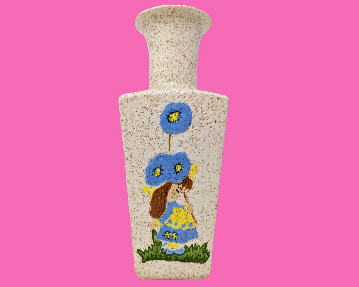 Vintage 1970's Kitsch, Little Girl Painting, Vase