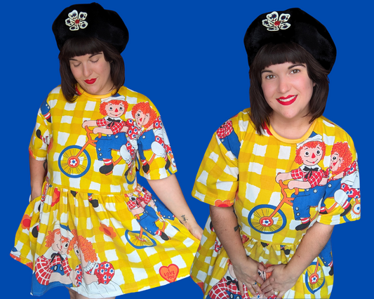 Handmade, Upcycled Vintage 1980's Raggedy Ann & Andy Bedsheet T-Shirt Dress Fits S-M-L-XL