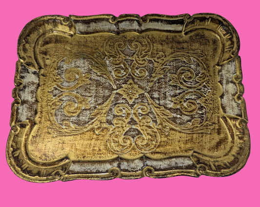 Florentine Gold and White Small Wooden Tray Made in Italy