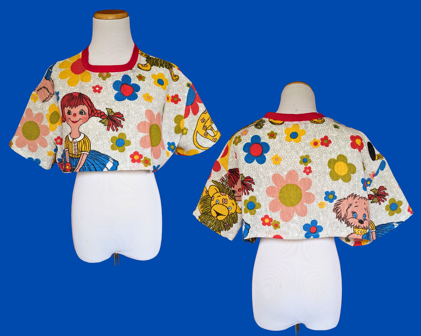 Handmade, Upcycled Vintage 1980's Little Pig Tails Doll and her Dog Fabric Crop Top Size XS