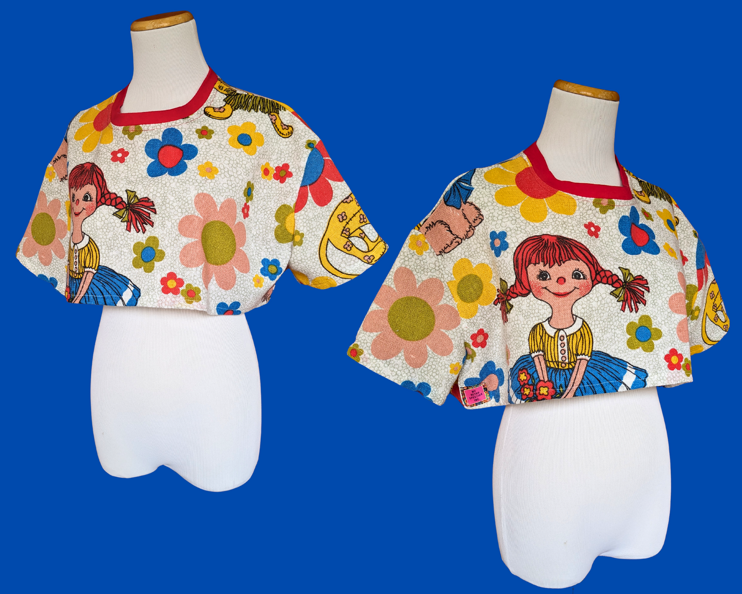 Handmade, Upcycled Vintage 1980's Little Pig Tails Doll and her Dog Fabric Crop Top Size XS