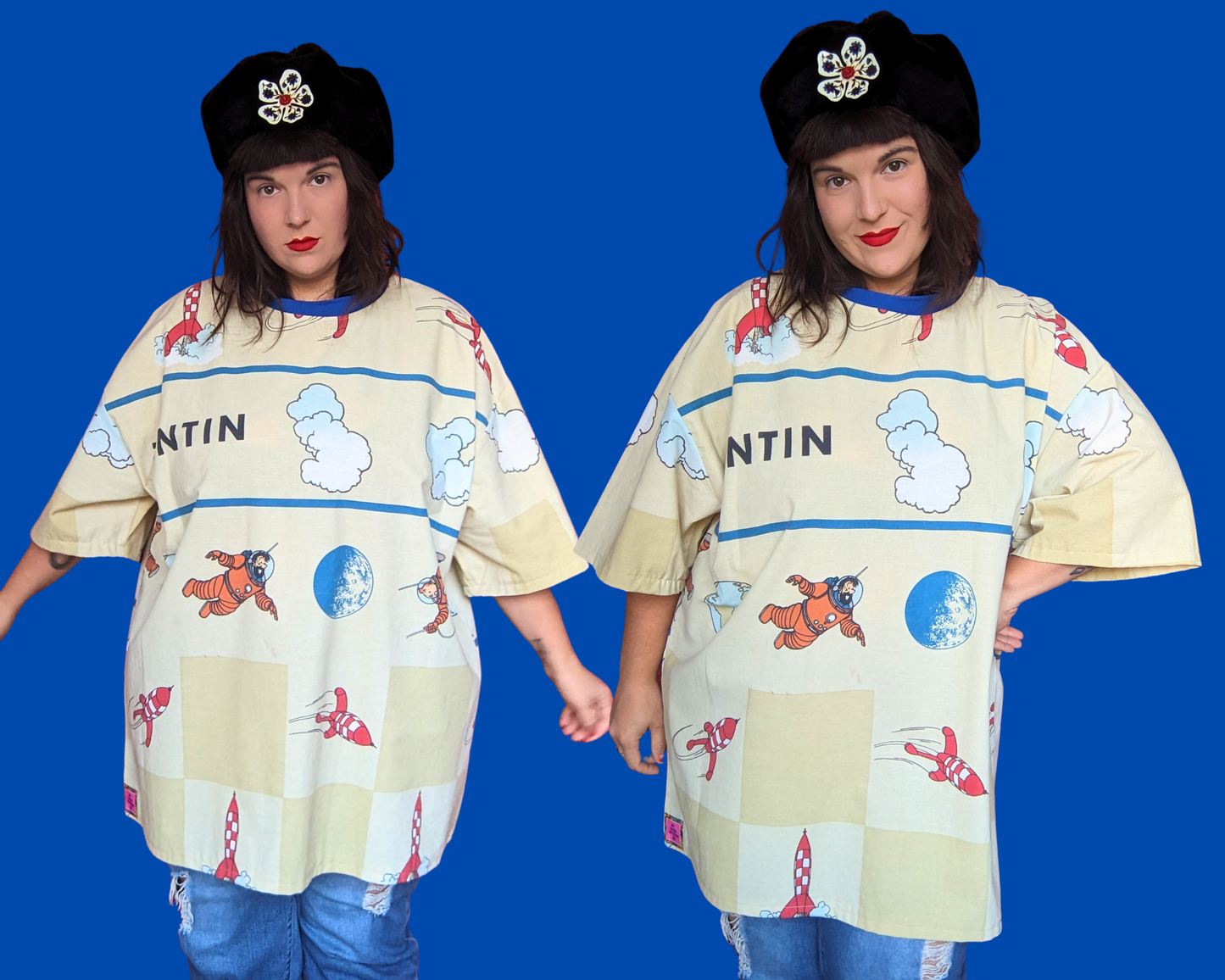 Handmade, Upcycled Tintin Bedsheet T-Shirt Oversized XL