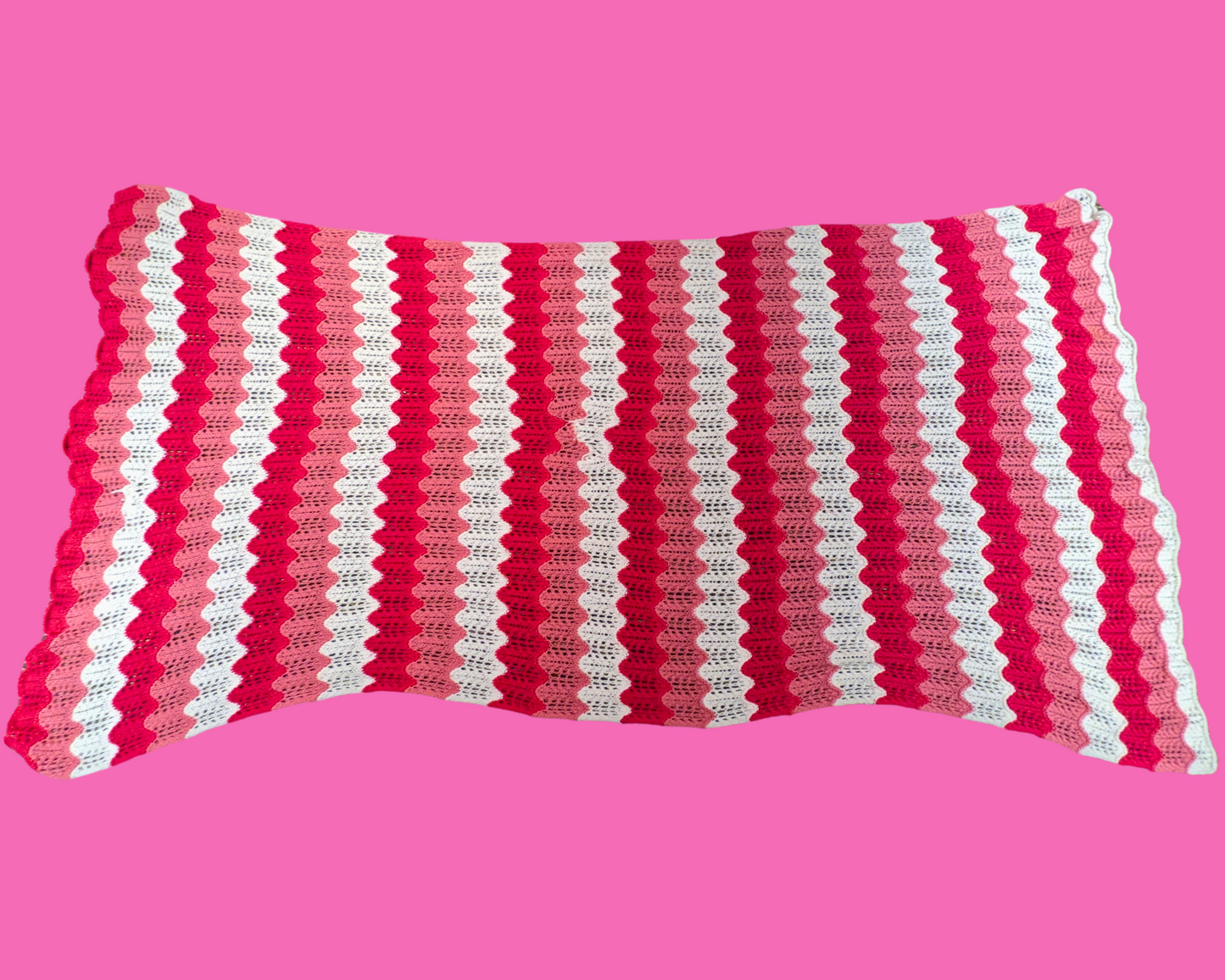 Vintage 1960's Thin, Big Pink and White Wool Crochet Blanket