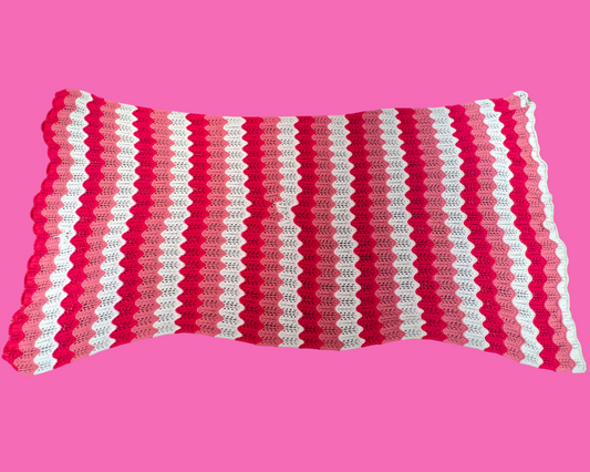 Vintage 1960's Thin, Big Pink and White Wool Crochet Blanket