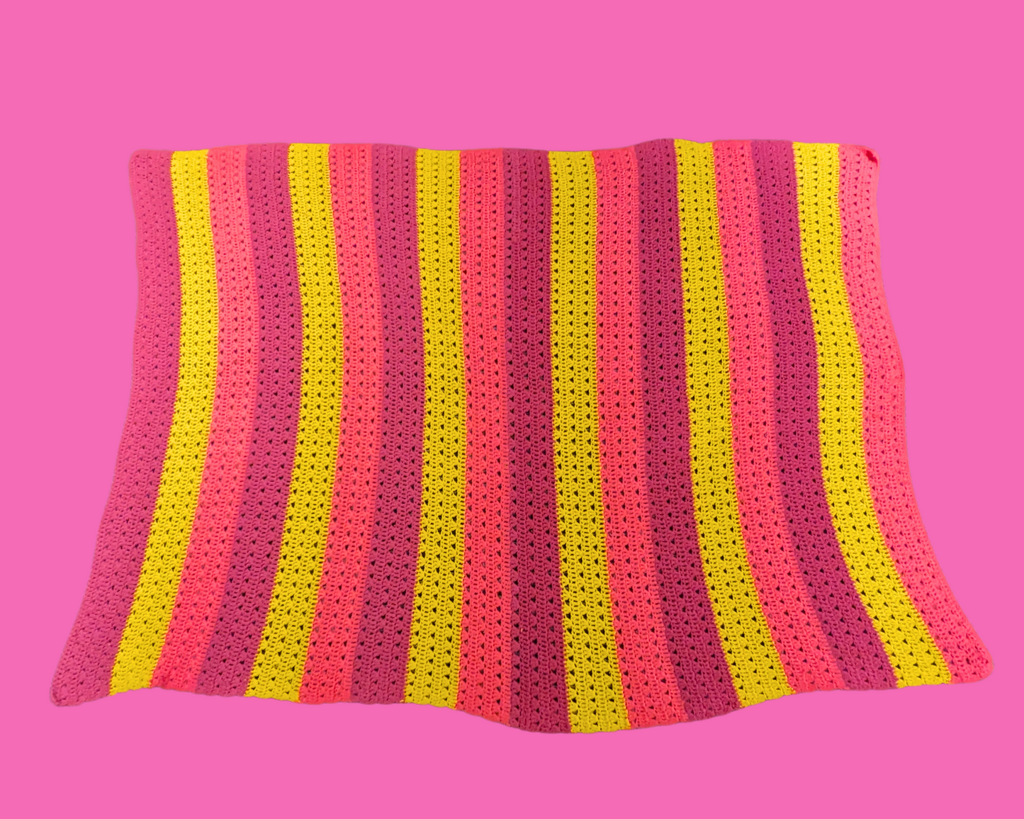 Vintage 1980's Bright Pink, Purple and Yellow Wool Crochet Blanket