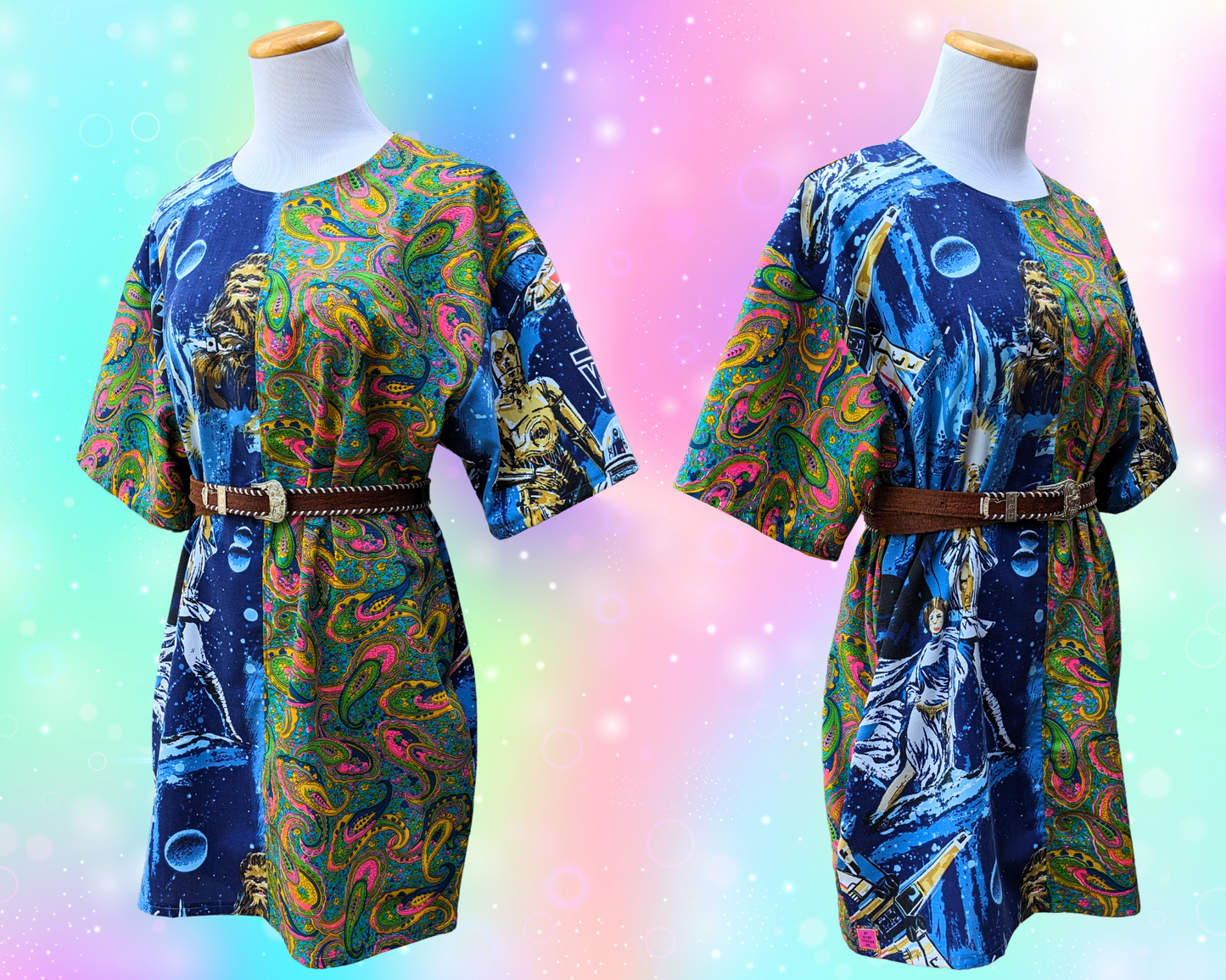 Handmade, Upcycled Star Ward Bedsheet + Groovy 1960's Fabric T-Shirt Dress Fits S-M