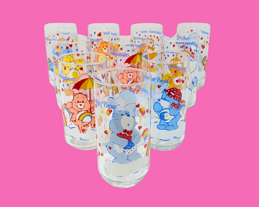 Vintage 1980's Set of 10 Collectible Carebears Glasses