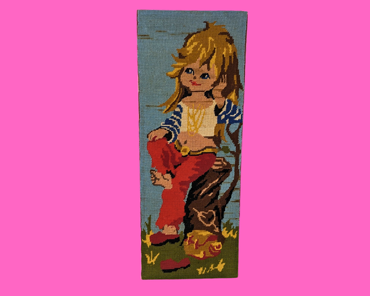 Vintage 1970's Little Blonde Girl Needlepoint Artwork, No Frame