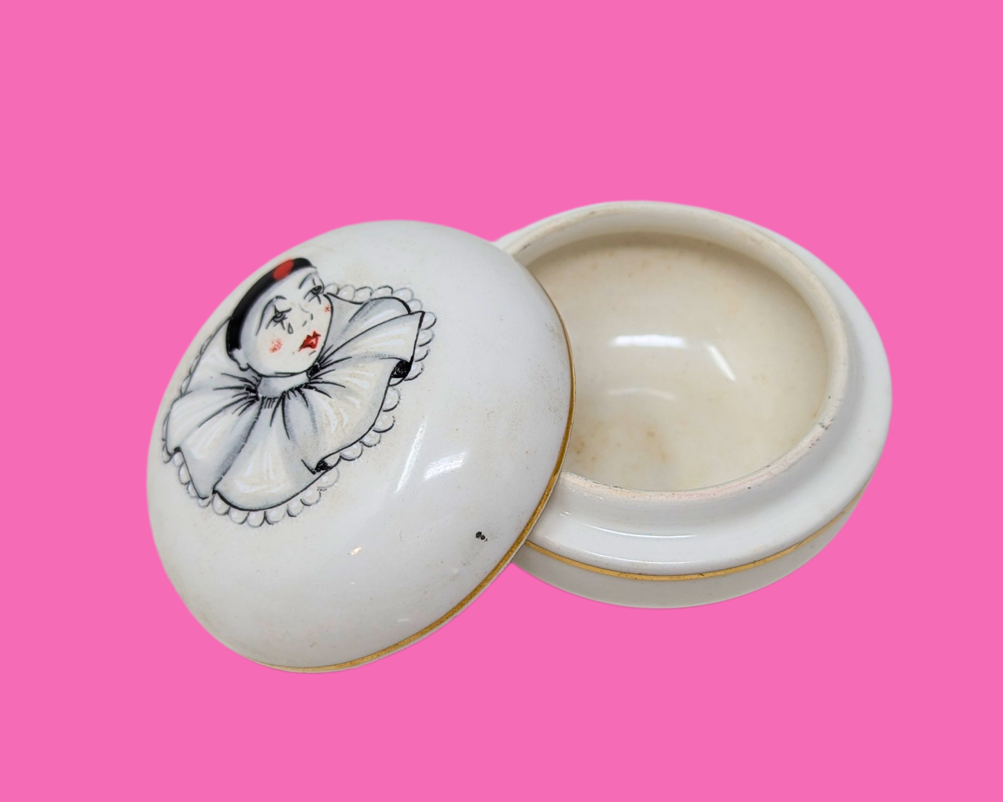 Vintage 1980's Small Porcelain Pierrot Clown Box by Creazioni Originali Made in Italy