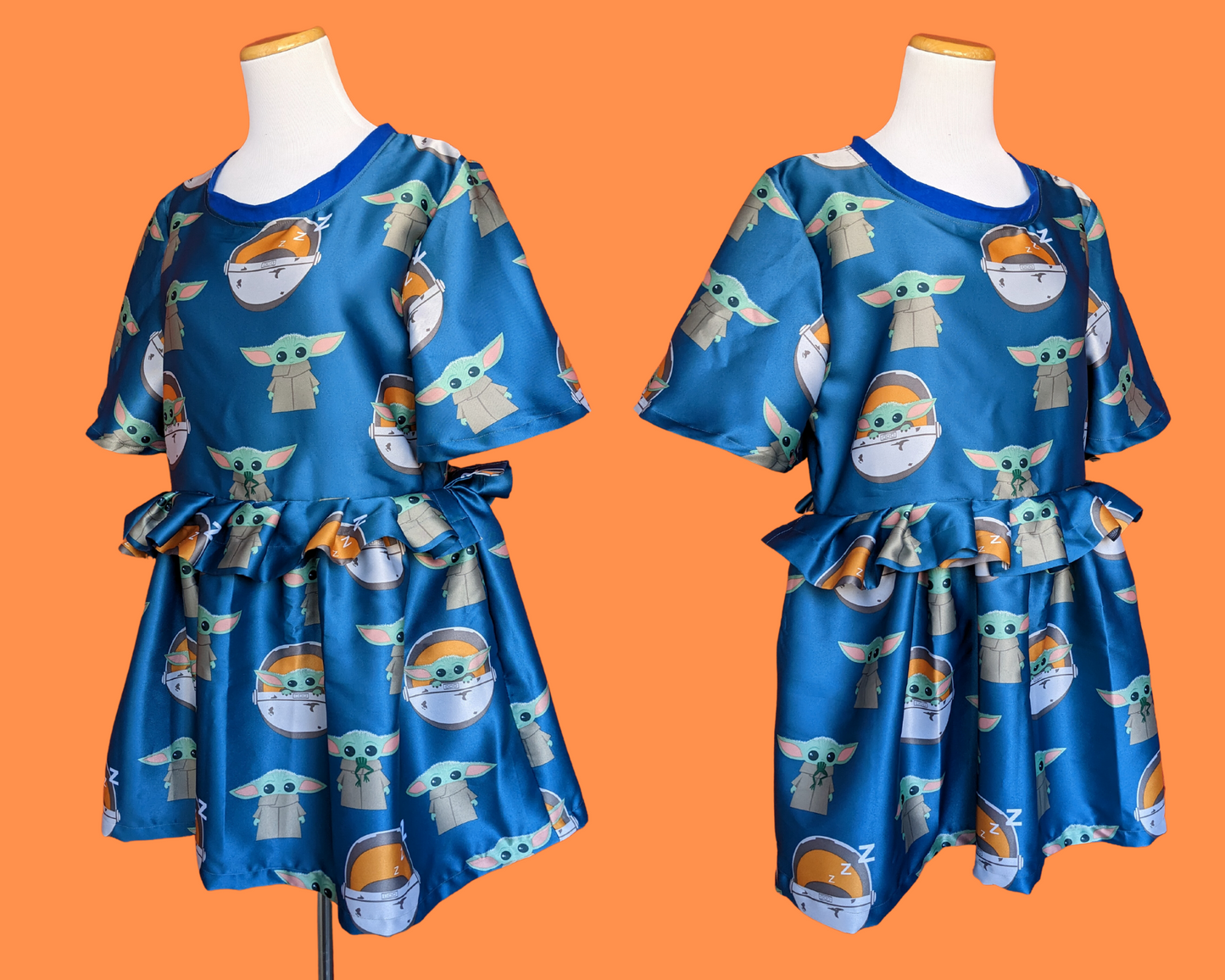 Handmade, Upcycled Baby Yoda, Star Wars Curtains Dress with Matching Scrunchie Size M