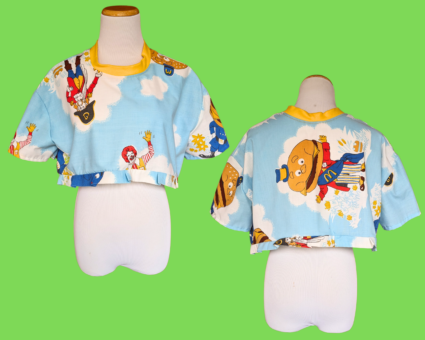 Handmade, Upcycled Vintage 1980's McDonald's Bedsheet Crop Top Size XS with Matching Bucket Hat