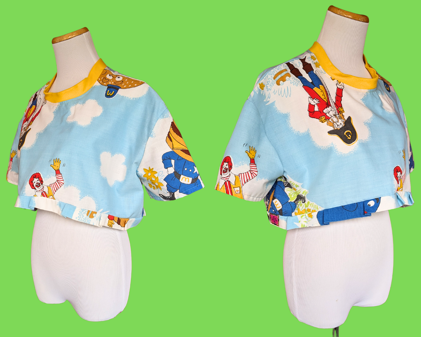 Handmade, Upcycled Vintage 1980's McDonald's Bedsheet Crop Top Size XS with Matching Bucket Hat