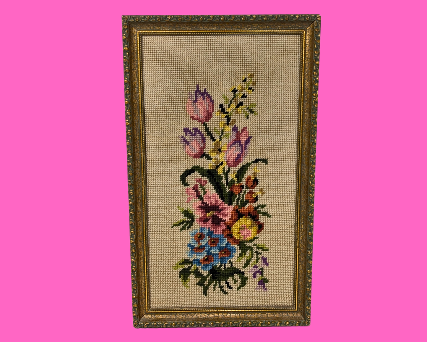 Vintage 1970's Framed Needlepoint Flowers Artwork