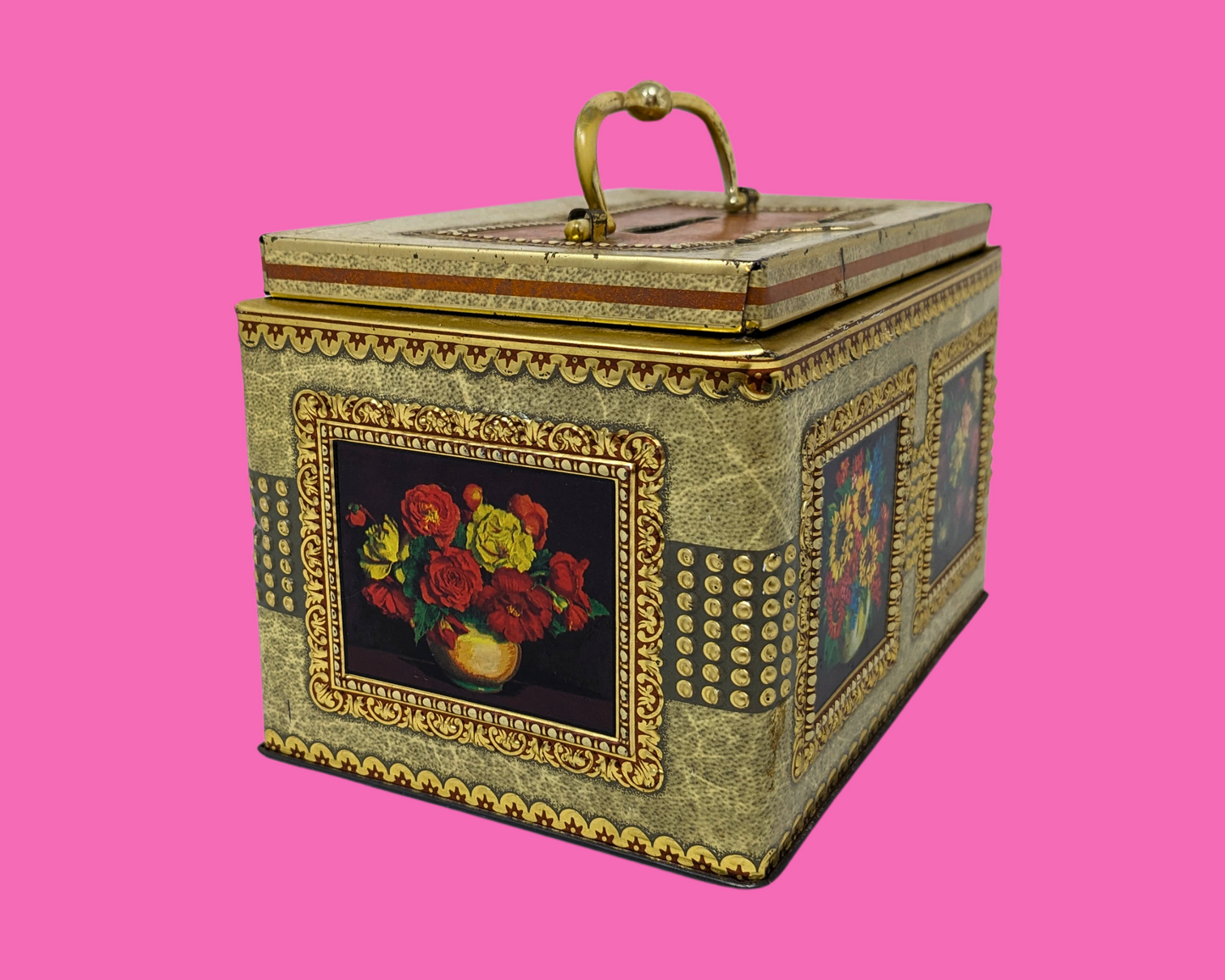 Vintage 1980's Beautiful Gold and Floral Tin Box