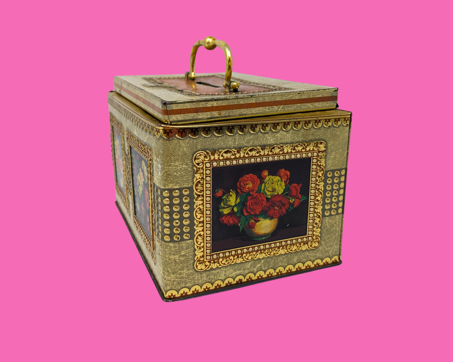 Vintage 1980's Beautiful Gold and Floral Tin Box