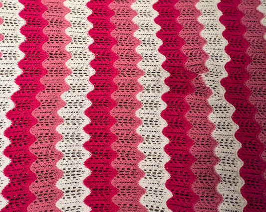 Vintage 1960's Thin, Big Pink and White Wool Crochet Blanket