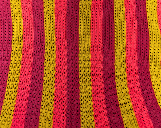 Vintage 1980's Bright Pink, Purple and Yellow Wool Crochet Blanket