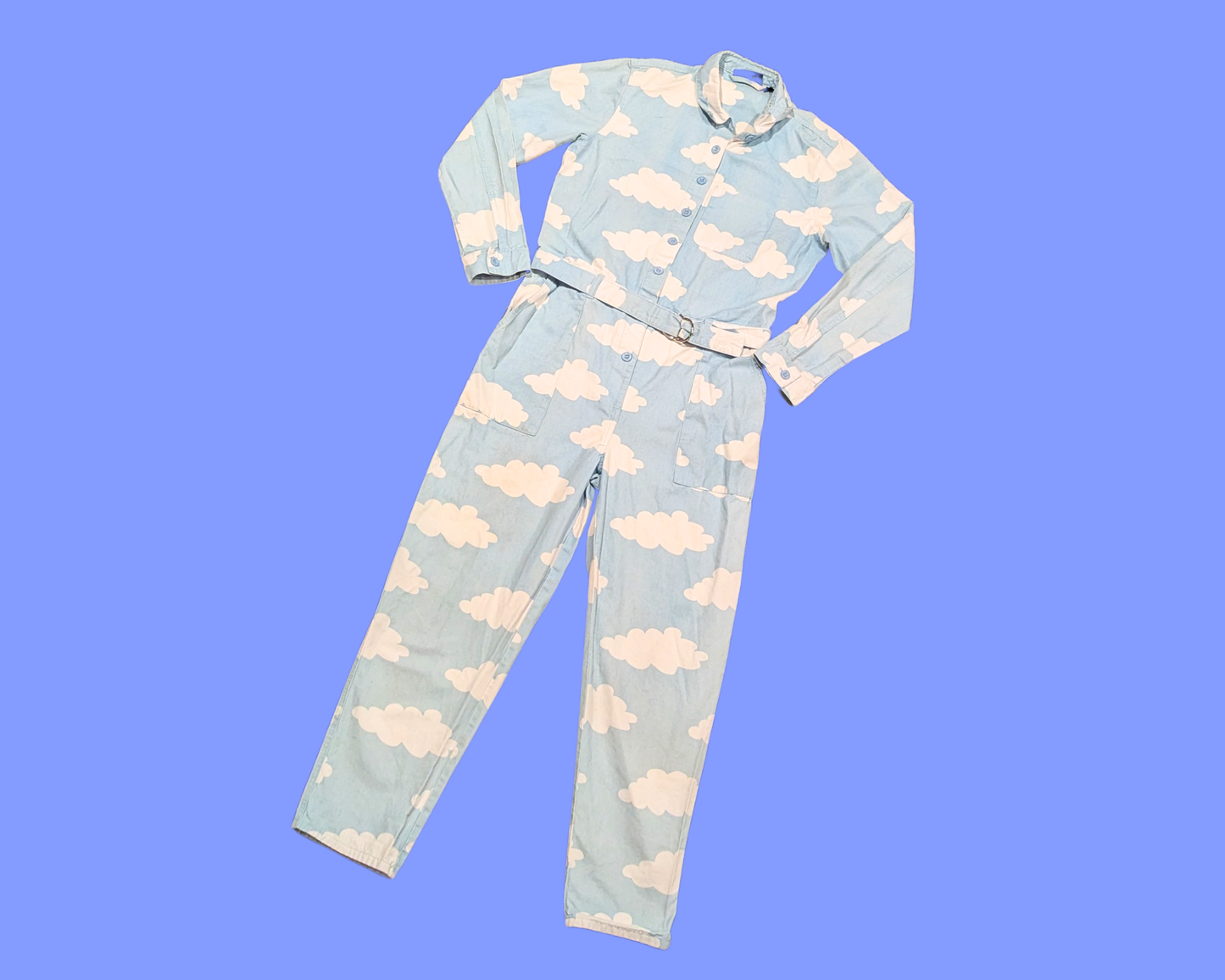 Y2K Light Blue Clouds Print Long Sleeves Jumpsuit Size S