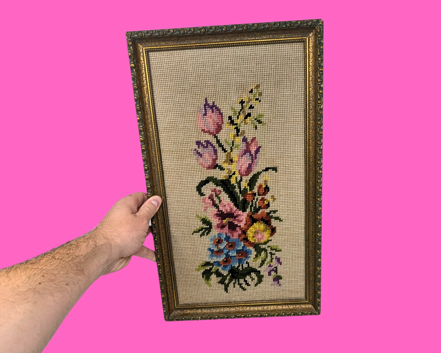 Vintage 1970's Framed Needlepoint Flowers Artwork