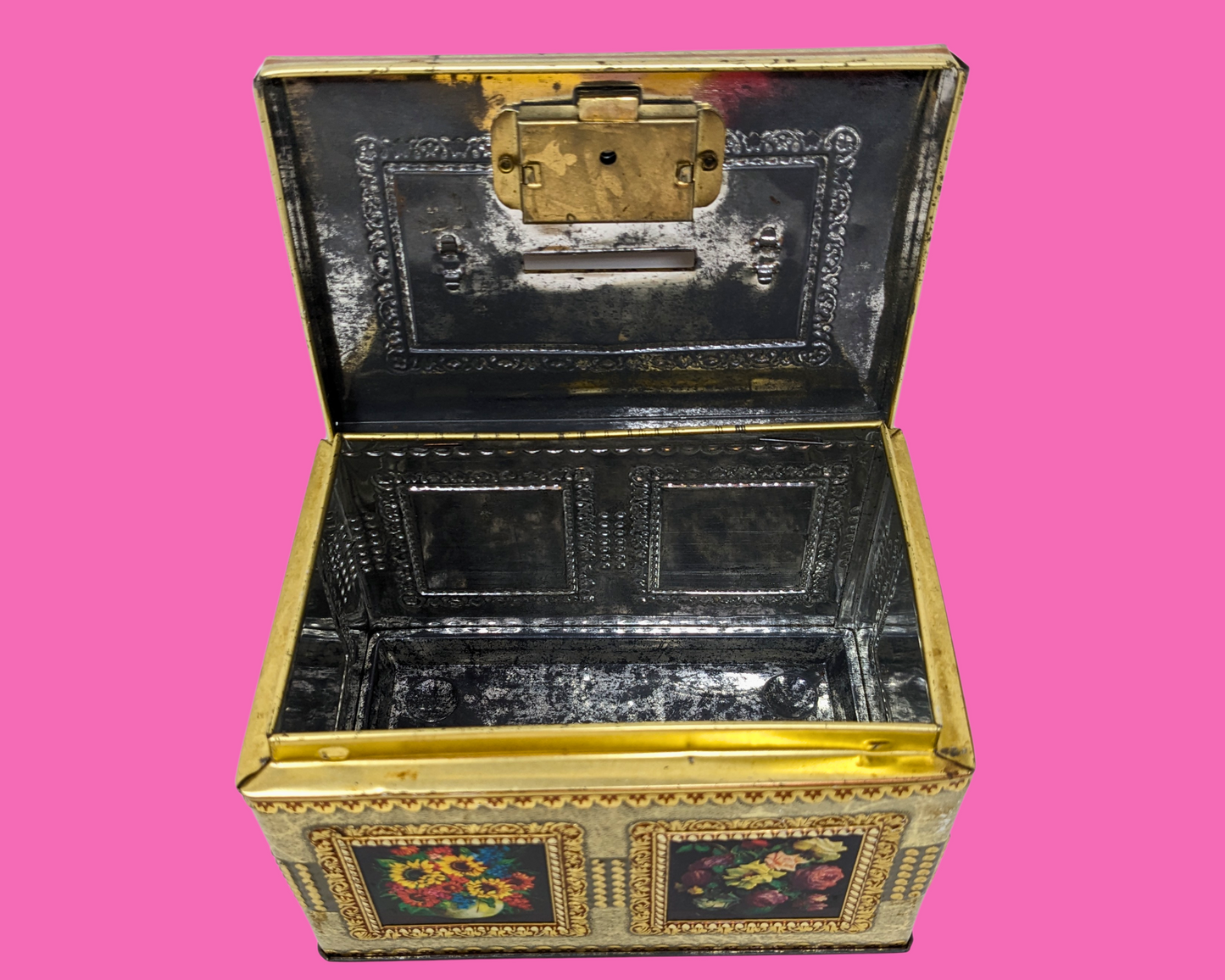 Vintage 1980's Beautiful Gold and Floral Tin Box