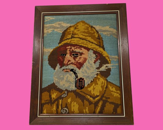 Vintage 1980's Needlepoint Fisherman Framed Artwork