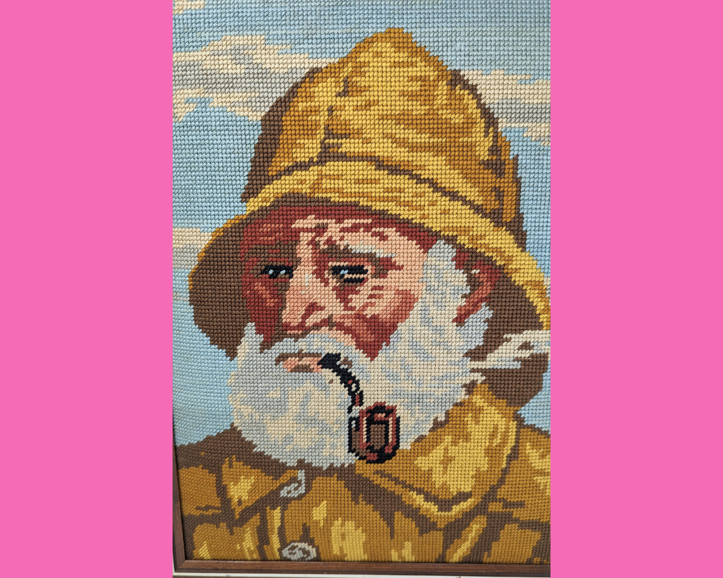 Vintage 1980's Needlepoint Fisherman Framed Artwork