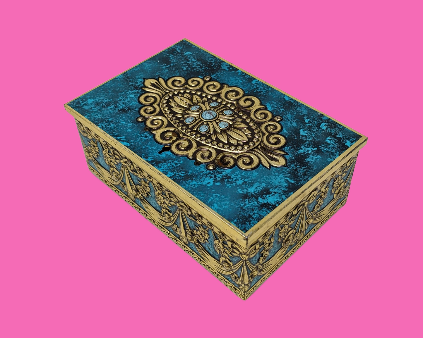 Vintage 1980's Beautiful Gold and Blue Tin Box