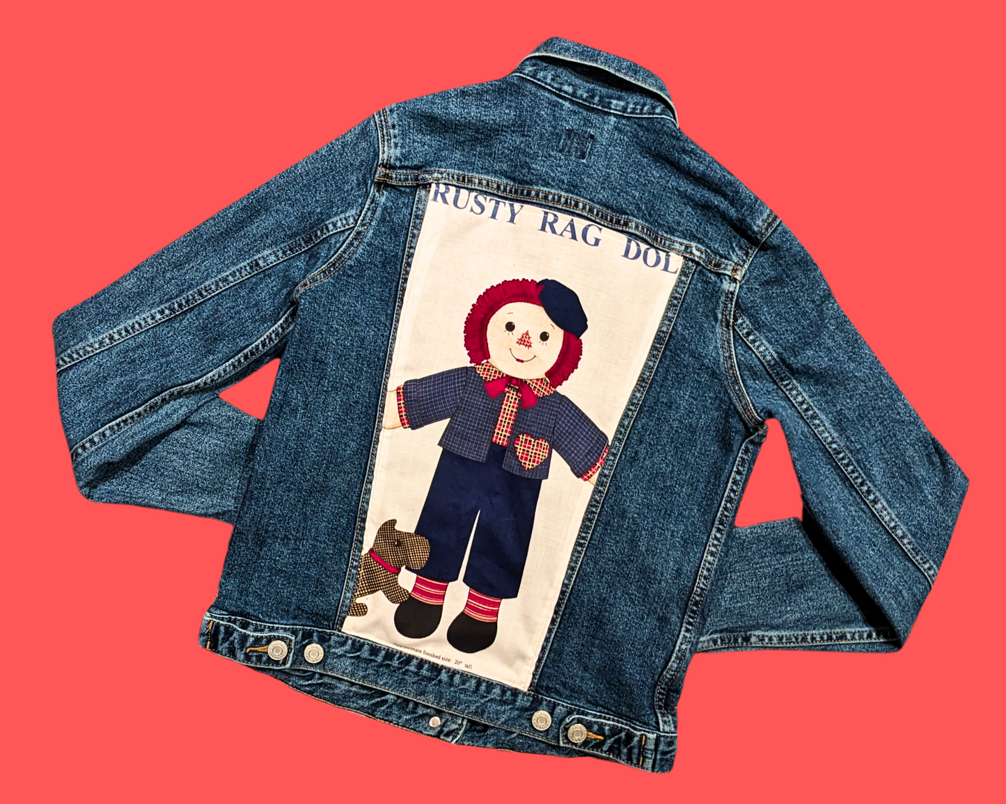 Handmade, Upcycled GAP Denim Jacket with a Raggedy Ann Patch on the Back Size XS