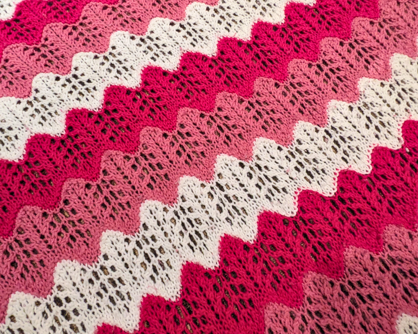 Vintage 1960's Thin, Big Pink and White Wool Crochet Blanket