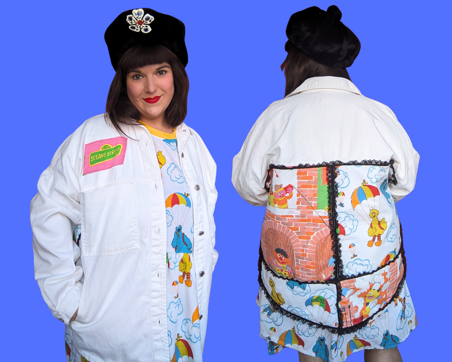 Handmade, Upcycled White Denim Jacket Patched Up with Bedsheets Scraps of Sesame Street Size L-XL