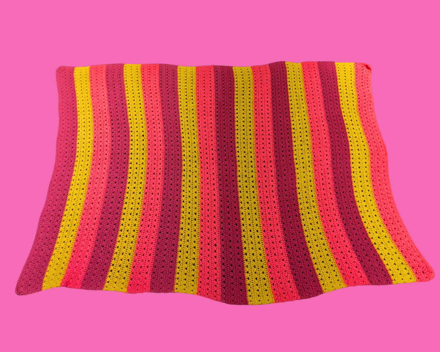 Vintage 1980's Bright Pink, Purple and Yellow Wool Crochet Blanket