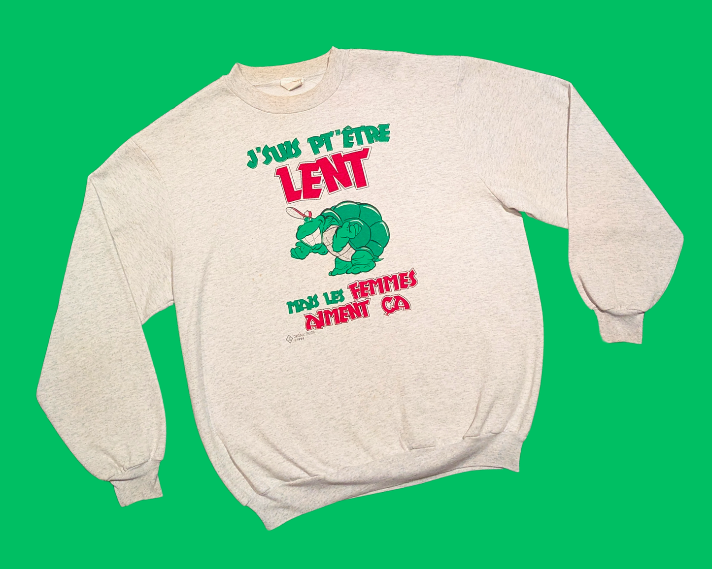 Vintage 1990's Funny Turtle Crewneck ''Je Suis Peut Être Lent Mais Les Femmes Aiment Ça'' Size L