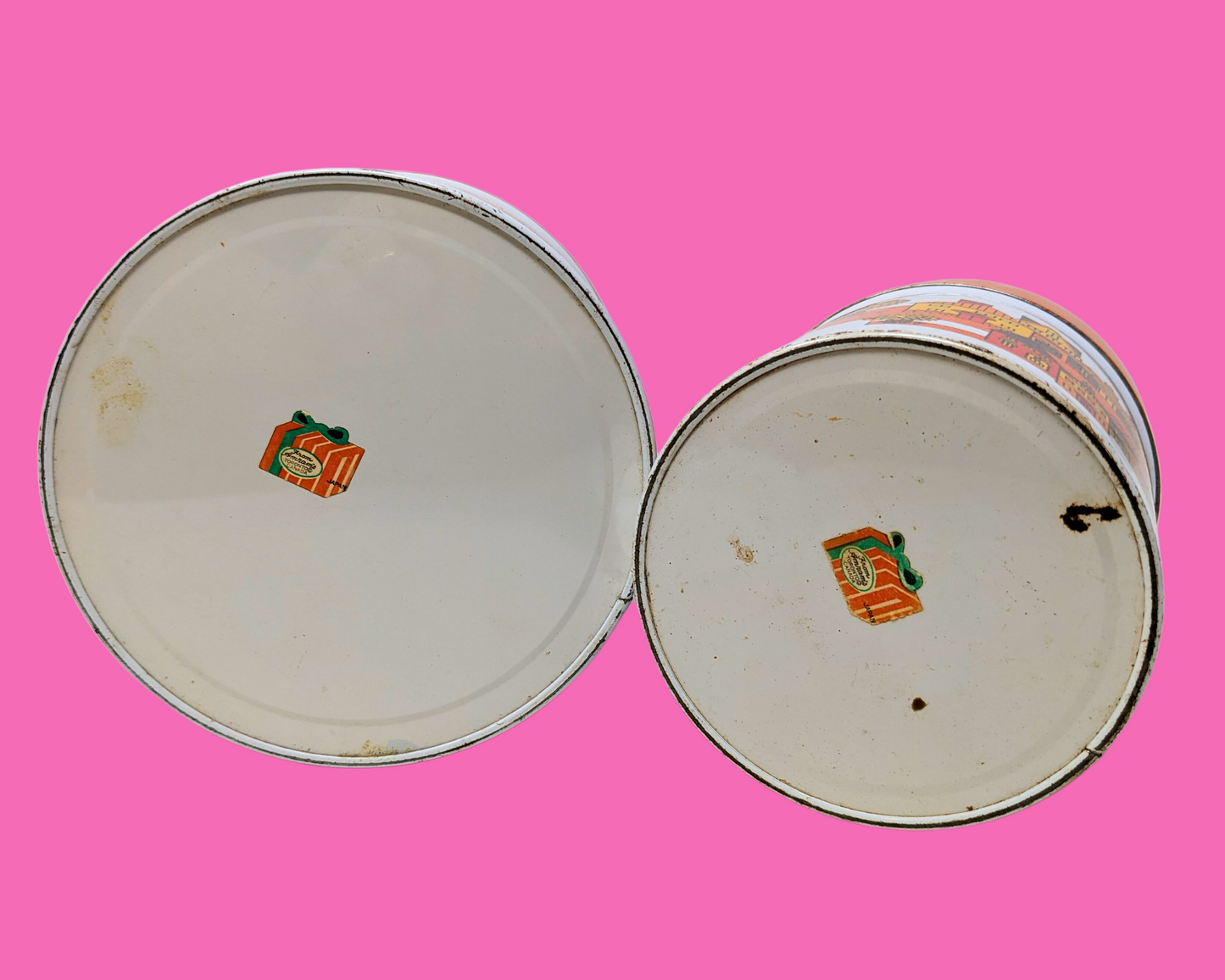 Vintage 1970's Two Matching Round Decorative Tin Boxes