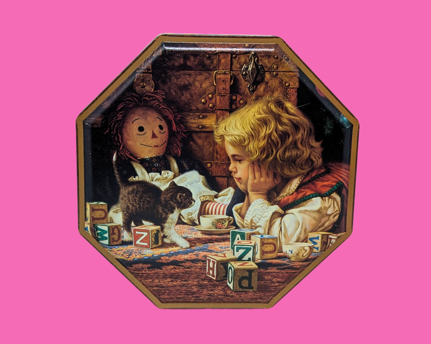 Vintage 1980's Little Girl with Raggedy Ann Doll Tin Box