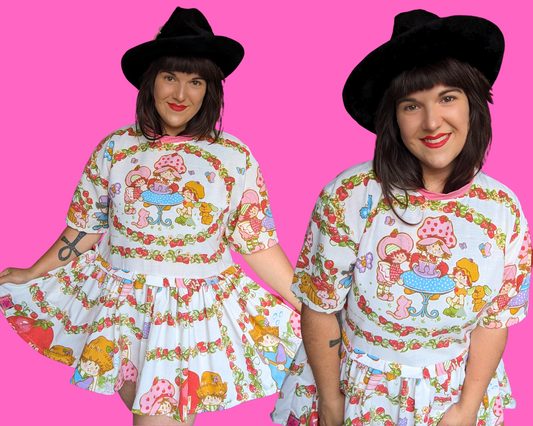 Handmade, Upcycled Vintage 1980's Strawberry Shortcake Mini Dress Bedsheet T-Shirt Dress Fits S-M-L-XL