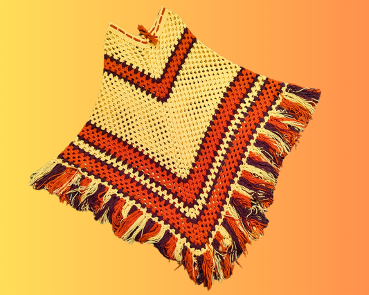 Vintage 1970's Hand Crocheted, Yellow, Orange and Brown, Poncho One Size Fits All