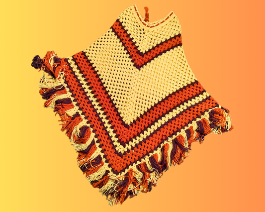 Vintage 1970's Hand Crocheted, Yellow, Orange and Brown, Poncho One Size Fits All