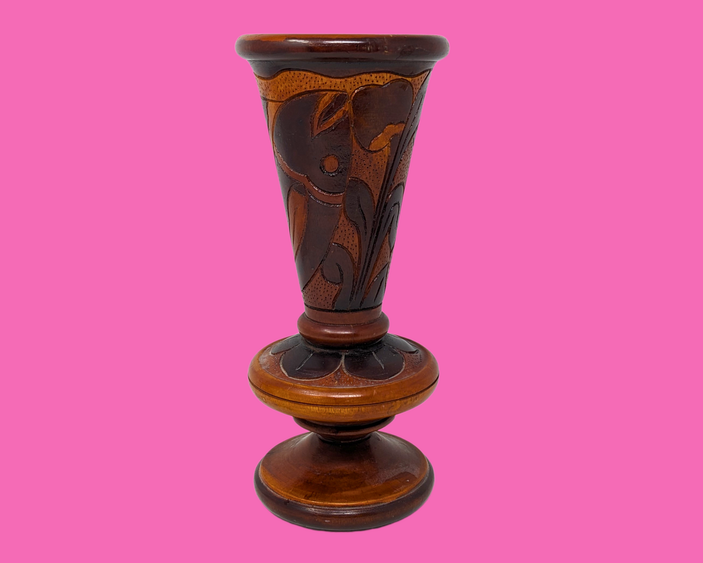 Vintage 1980's Hand Carved Wood Vase