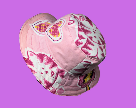 Handmade and Upcycled Pink Cats Patterned Bedsheet Reversible Bucket Hat
