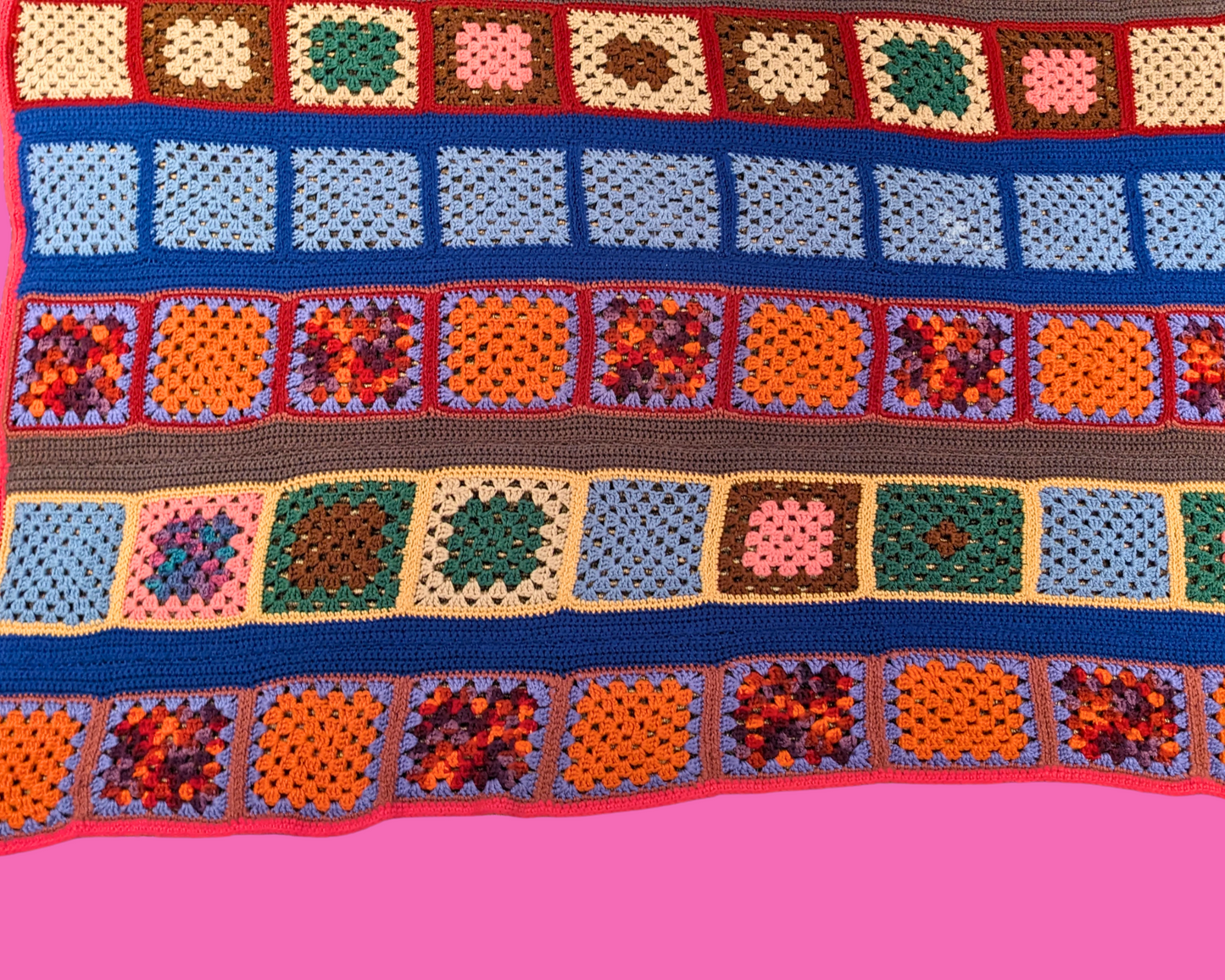 Vintage 1980's Groovy and Colorful Wool Crochet Blanket